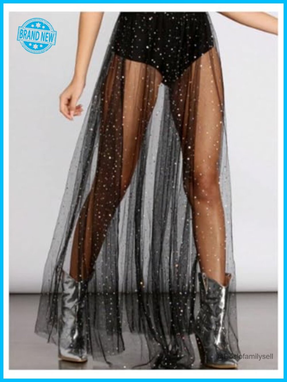 Sequin Tulle Sheer Maxi Skirt High Waisted Mesh Overlay Built in Short - Picture 3 of 3
